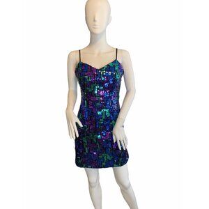 Vintage 80's Flirtations Women's Jewel-Tone Geo Sequin Mini Dress Juniors 9/10